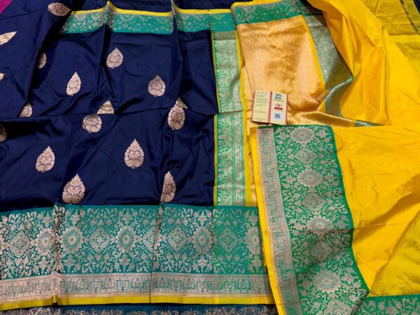 Pure Banarasi Kadhwa Katan Silk Saree Handloom Gold Zari Boota Design – Blue And Seagreen Color Contrast Tricolor