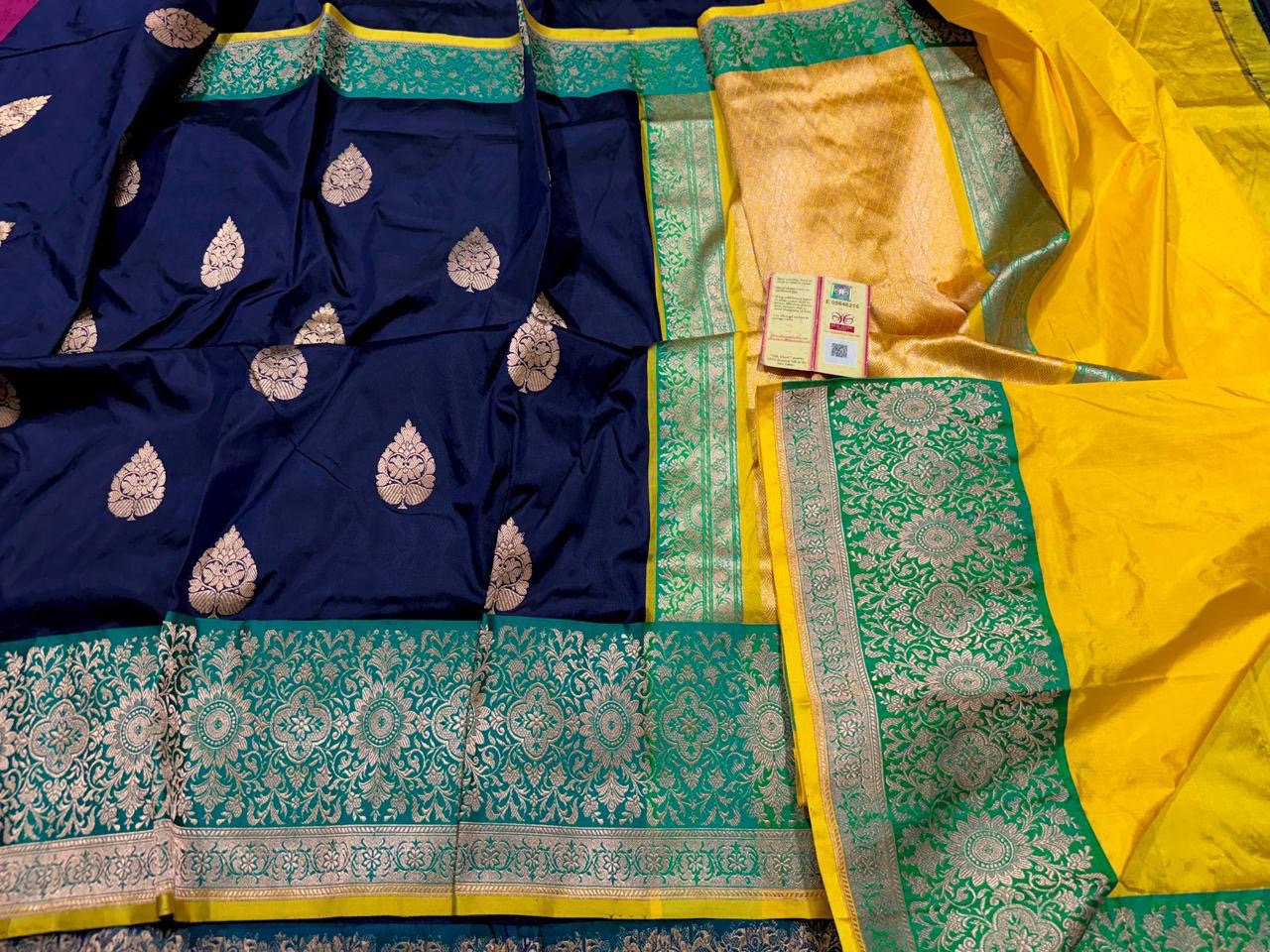 Pure Banarasi Kadhwa Katan Silk Saree Handloom Gold Zari Boota Design – Blue And Seagreen Color Contrast Tricolor