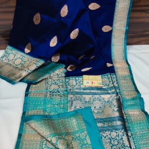 Pure Banarasi Kadhwa Katan Silk Saree Handloom Gold Zari Boota Design – Blue and SkyBlue Color Contrast