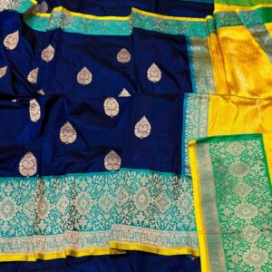 Pure Banarasi Kadhwa Katan Silk Saree Handloom Gold Zari Boota Design – Dark Blue and Seagreen Color Contrast TriColor