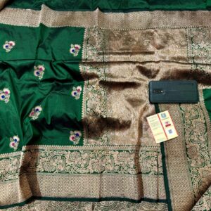 Pure Banarasi Kadhwa Katan Silk Saree Handloom Gold Zari Boota Design – Dark Green Color