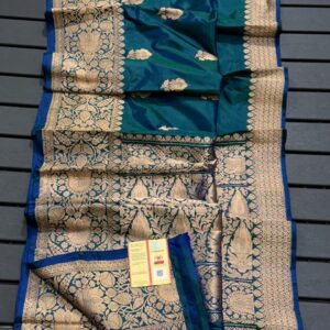 Pure Banarasi Kadhwa Katan Silk Saree Handloom Gold Zari Boota Design – German Blue Color