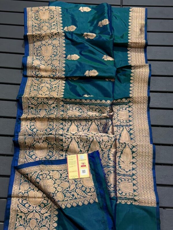 Pure Banarasi Kadhwa Katan Silk Saree Handloom Gold Zari Boota Design – German Blue Color