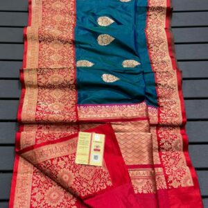 Pure Banarasi Kadhwa Katan Silk Saree Handloom Gold Zari Boota Design – German Blue and Red Color Contrast