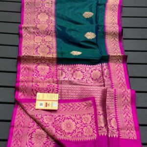 Pure Banarasi Kadhwa Katan Silk Saree Handloom Gold Zari Boota Design – Green and Pink Color Contrast