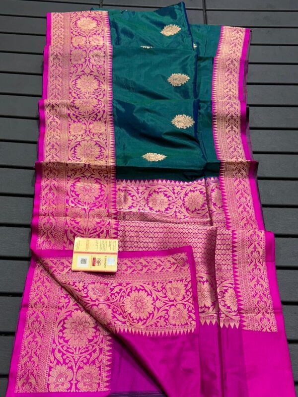 Pure Banarasi Kadhwa Katan Silk Saree Handloom Gold Zari Boota Design – Green And Pink Color Contrast