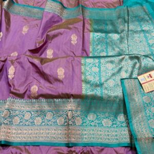 Pure Banarasi Kadhwa Katan Silk Saree Handloom Gold Zari Boota Design – Light Purple and Seagreen Color Contrast