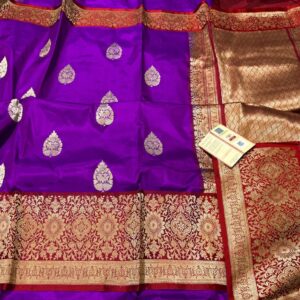 Pure Banarasi Kadhwa Katan Silk Saree Handloom Gold Zari Boota Design – Magenta and Red Color Contrast