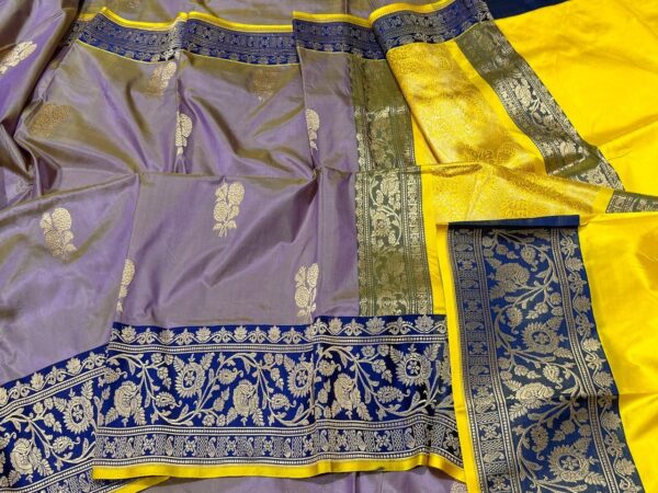 Pure Banarasi Kadhwa Katan Silk Saree Handloom Gold Zari Boota Design – Mauve And Blue Color Contrast Tricolor