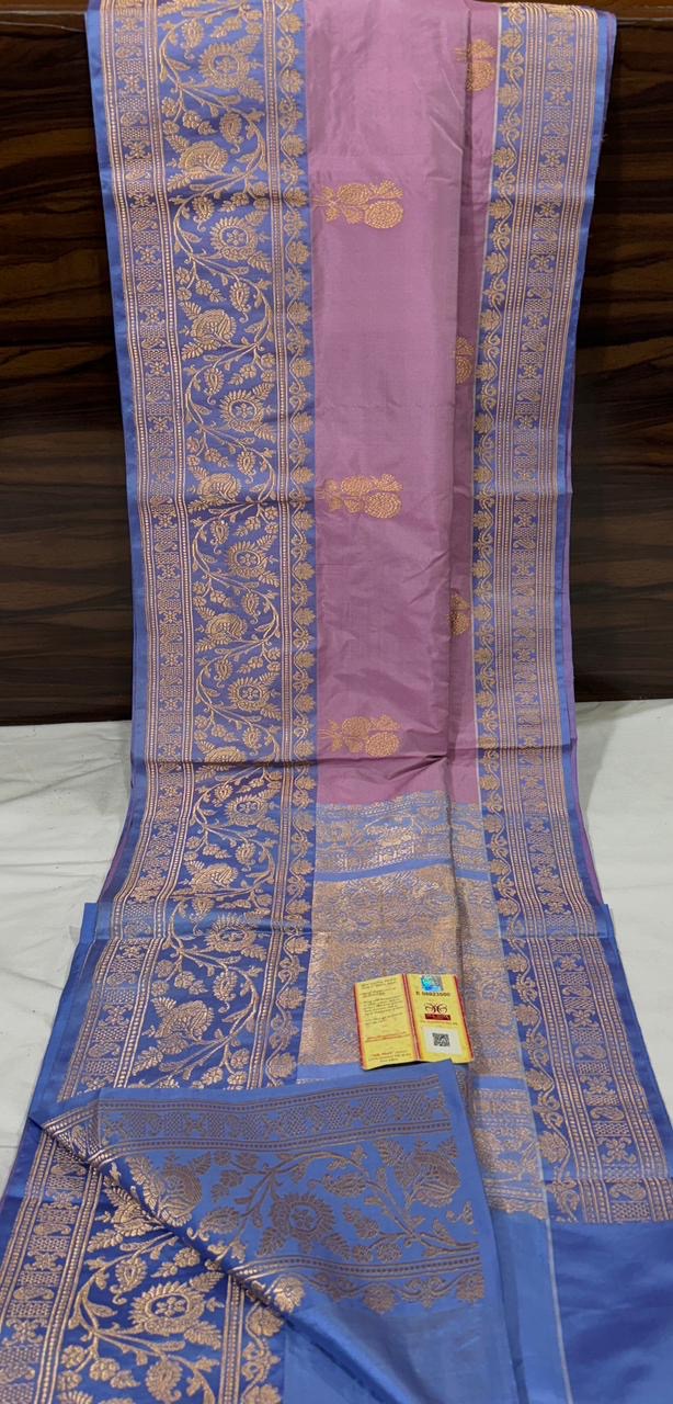 Pure Banarasi Kadhwa Katan Silk Saree Handloom Gold Zari Boota Design – Mauve And Lavender Purple Color Contrast