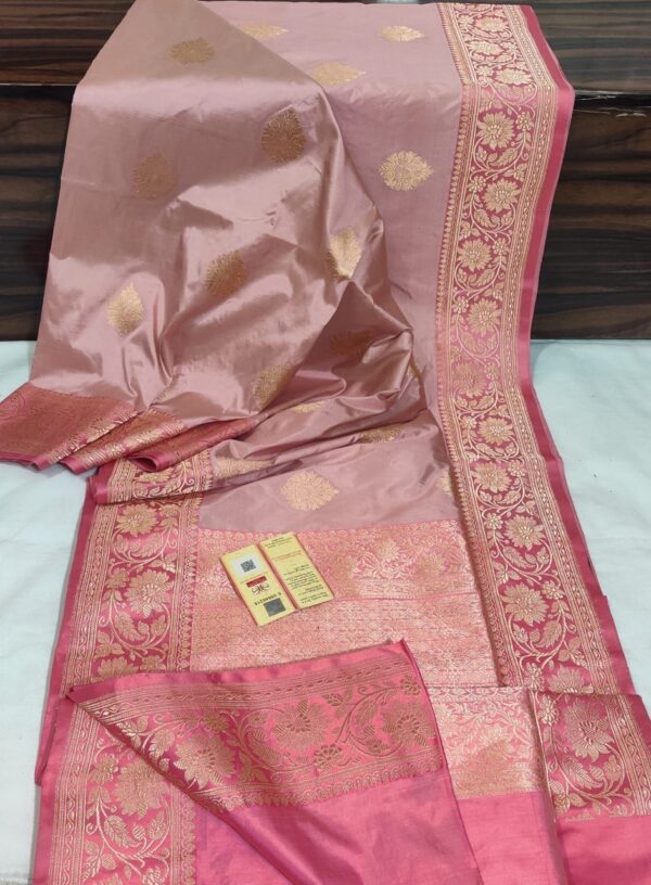 Pure Banarasi Kadhwa Katan Silk Saree Handloom Gold Zari Boota Design – Mauve And Pink Color Contrast