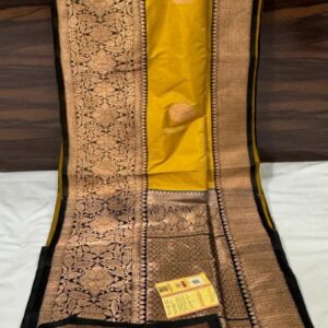 Pure Banarasi Kadhwa Katan Silk Saree Handloom Gold Zari Boota Design – Mustard and Black Color Contrast