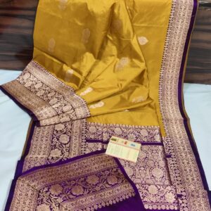 Pure Banarasi Kadhwa Katan Silk Saree Handloom Gold Zari Boota Design – Mustard and Purple Color Contrast