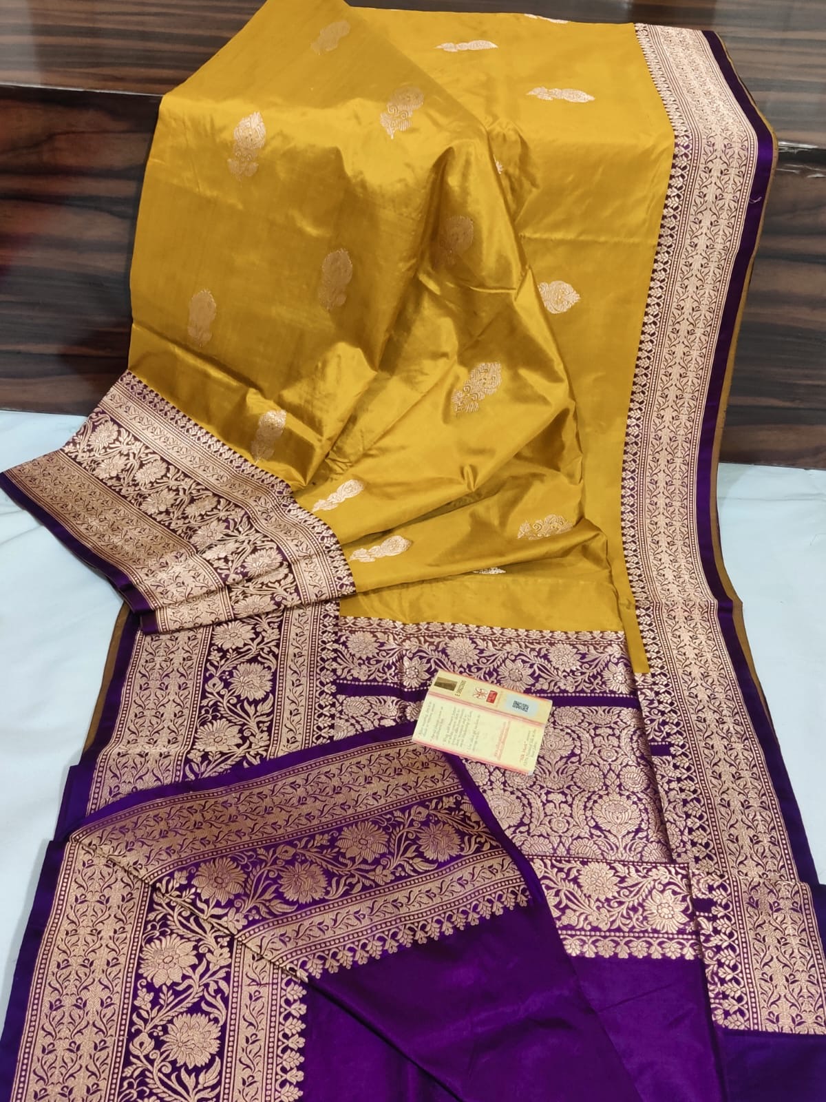 Pure Banarasi Kadhwa Katan Silk Saree Handloom Gold Zari Boota Design – Mustard And Purple Color Contrast