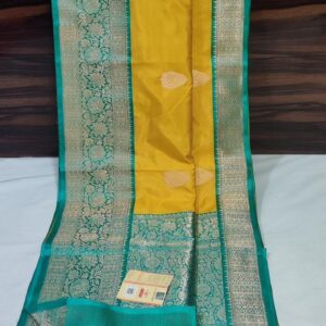 Pure Banarasi Kadhwa Katan Silk Saree Handloom Gold Zari Boota Design – Mustard And Seagreen Color Contrast