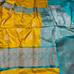 Pure Banarasi Kadhwa Katan Silk Saree Handloom Gold Zari Boota Design – Mustard and SkyBlue Color Contrast