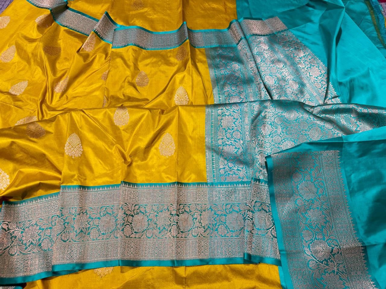 Pure Banarasi Kadhwa Katan Silk Saree Handloom Gold Zari Boota Design – Mustard and SkyBlue Color Contrast