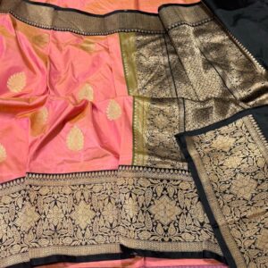 Pure Banarasi Kadhwa Katan Silk Saree Handloom Gold Zari Boota Design – Pink and Black Color Contrast