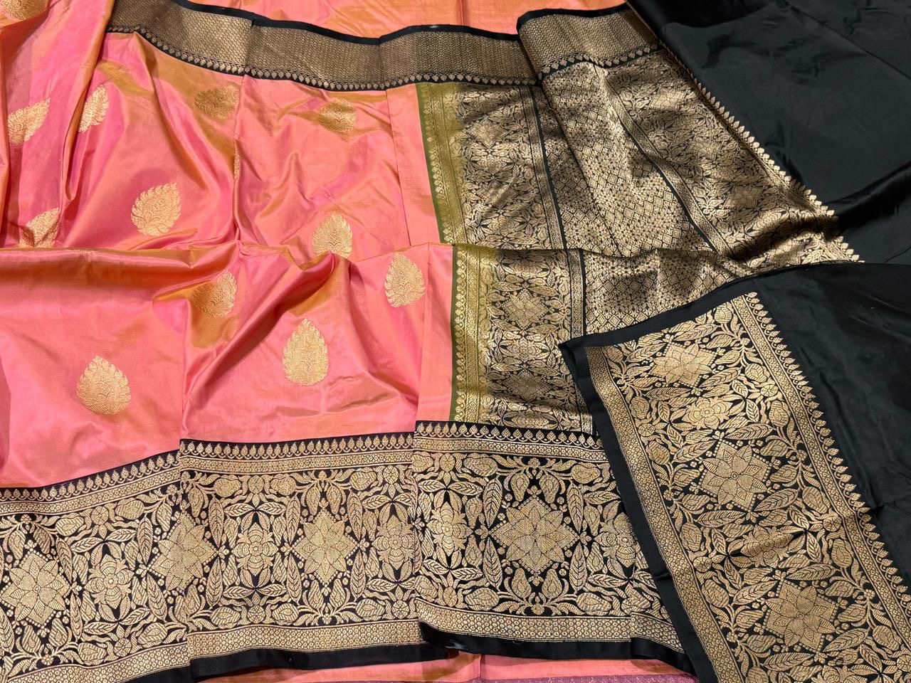 Pure Banarasi Kadhwa Katan Silk Saree Handloom Gold Zari Boota Design – Pink And Black Color Contrast