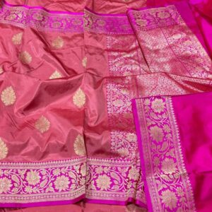 Pure Banarasi Kadhwa Katan Silk Saree Handloom Gold Zari Boota Design – Pink and Dark Pink Color Contrast