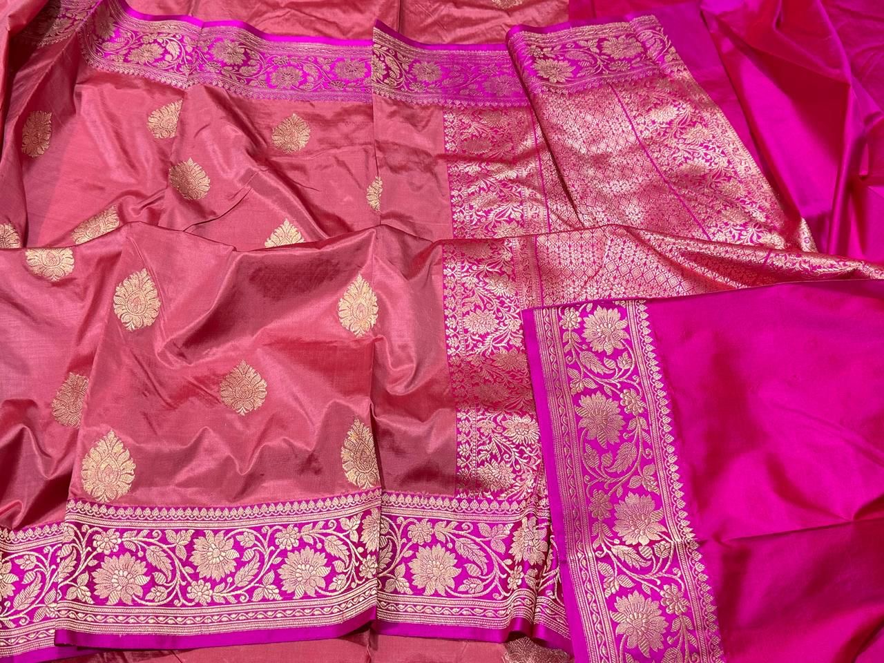 Pure Banarasi Kadhwa Katan Silk Saree Handloom Gold Zari Boota Design – Pink And Dark Pink Color Contrast