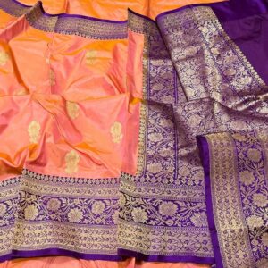 Pure Banarasi Kadhwa Katan Silk Saree Handloom Gold Zari Boota Design – Pink and Purple Color Contrast