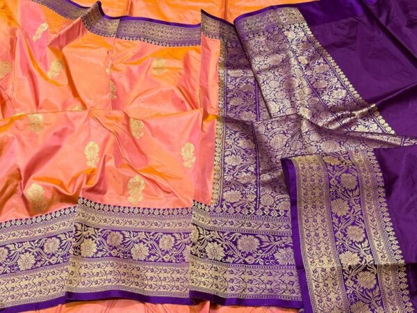 Pure Banarasi Kadhwa Katan Silk Saree Handloom Gold Zari Boota Design – Pink And Purple Color Contrast