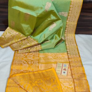 Pure Banarasi Kadhwa Katan Silk Saree Handloom Gold Zari Boota Design – Pista Green and Yellow Color Contrast