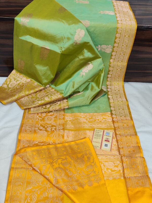 Pure Banarasi Kadhwa Katan Silk Saree Handloom Gold Zari Boota Design – Pista Green And Yellow Color Contrast