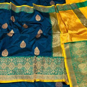 Pure Banarasi Kadhwa Katan Silk Saree Handloom Gold Zari Boota Design – Purple Color Contrast TriColor