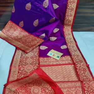 Pure Banarasi Kadhwa Katan Silk Saree Handloom Gold Zari Boota Design – Purple and Red Color Contrast