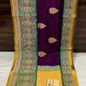 Pure Banarasi Kadhwa Katan Silk Saree Handloom Gold Zari Boota Design – Purple and Seagreen Color Contrast