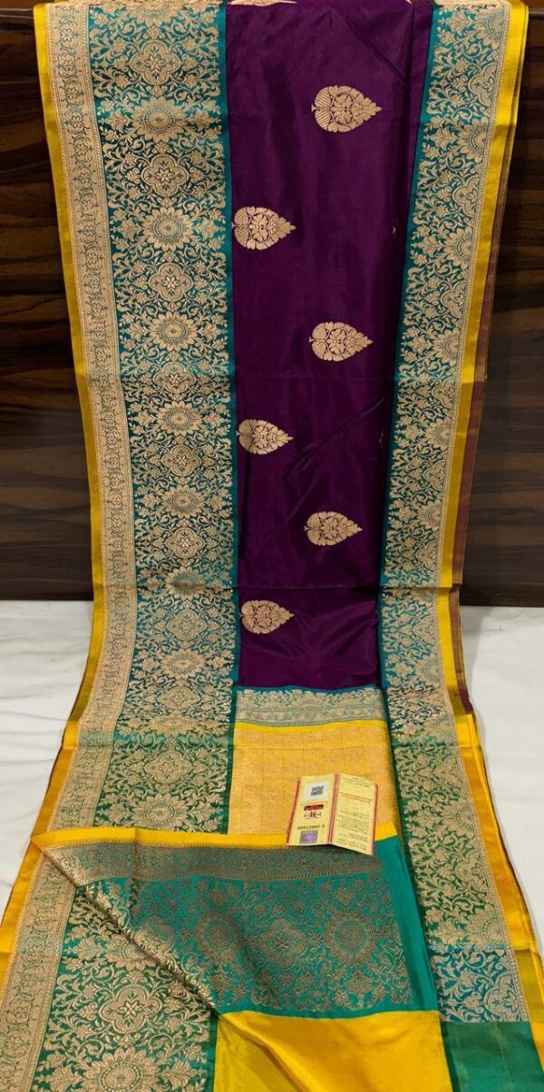 Pure Banarasi Kadhwa Katan Silk Saree Handloom Gold Zari Boota Design – Purple And Seagreen Color Contrast