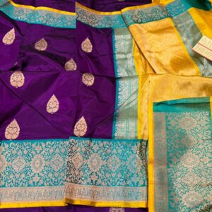 Pure Banarasi Kadhwa Katan Silk Saree Handloom Gold Zari Boota Design – Purple and Seagreen Color Contrast