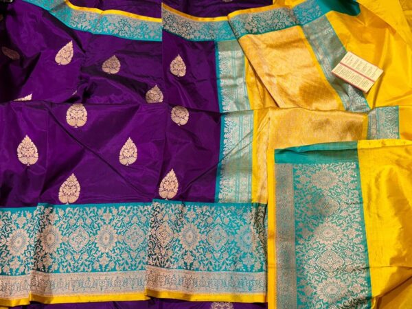 Pure Banarasi Kadhwa Katan Silk Saree Handloom Gold Zari Boota Design – Purple And Seagreen Color Contrast