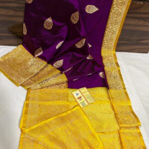 Pure Banarasi Kadhwa Katan Silk Saree Handloom Gold Zari Boota Design – Purple and Yellow Color Contrast