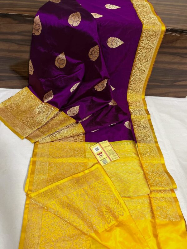 Pure Banarasi Kadhwa Katan Silk Saree Handloom Gold Zari Boota Design – Purple And Yellow Color Contrast