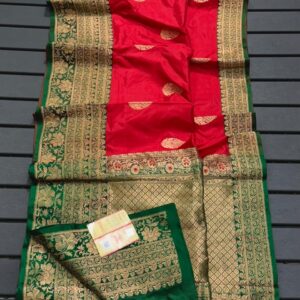 Pure Banarasi Kadhwa Katan Silk Saree Handloom Gold Zari Boota Design – Red and Green Color Contrast