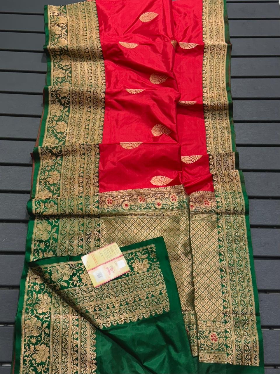 Pure Banarasi Kadhwa Katan Silk Saree Handloom Gold Zari Boota Design – Red And Green Color Contrast