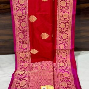 Pure Banarasi Kadhwa Katan Silk Saree Handloom Gold Zari Boota Design – Red and Pink Color Contrast