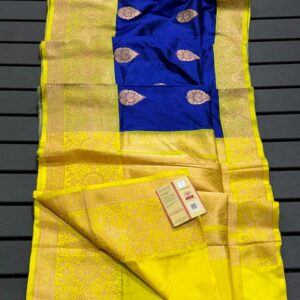 Pure Banarasi Kadhwa Katan Silk Saree Handloom Gold Zari Boota Design – Royal Blue and Yellow Color Contrast