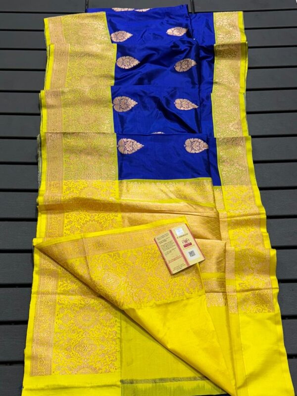 Pure Banarasi Kadhwa Katan Silk Saree Handloom Gold Zari Boota Design – Royal Blue And Yellow Color Contrast