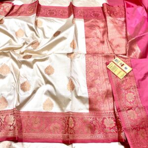 Pure Banarasi Kadhwa Katan Silk Saree Handloom Gold Zari Boota Design – White and Pink Color Contrast