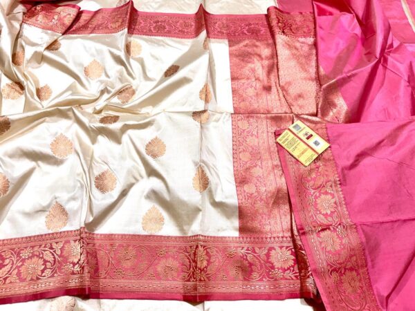 Pure Banarasi Kadhwa Katan Silk Saree Handloom Gold Zari Boota Design – White And Pink Color Contrast