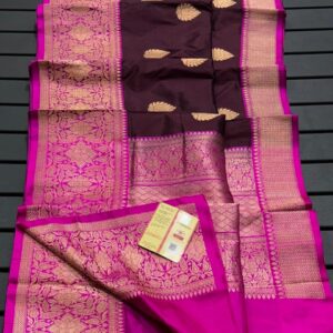 Pure Banarasi Kadhwa Katan Silk Saree Handloom Gold Zari Boota Design – Wine and Pink Color Contrast