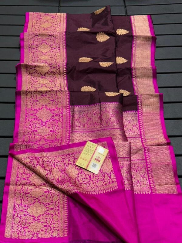 Pure Banarasi Kadhwa Katan Silk Saree Handloom Gold Zari Boota Design – Wine And Pink Color Contrast