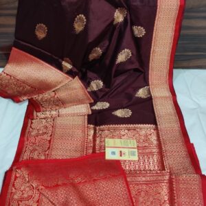 Pure Banarasi Kadhwa Katan Silk Saree Handloom Gold Zari Boota Design – Wine and Red Color Contrast