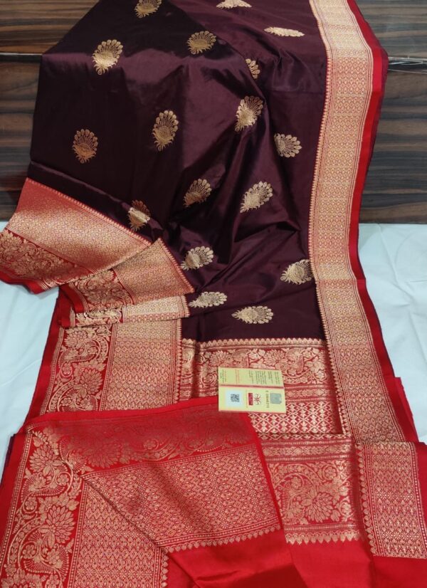 Pure Banarasi Kadhwa Katan Silk Saree Handloom Gold Zari Boota Design – Wine And Red Color Contrast