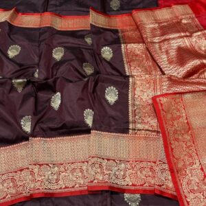 Pure Banarasi Kadhwa Katan Silk Saree Handloom Gold Zari Boota Design – Wine and Red Color Contrast