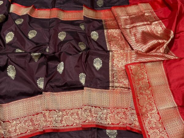 Pure Banarasi Kadhwa Katan Silk Saree Handloom Gold Zari Boota Design – Wine And Red Color Contrast